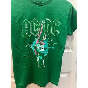 ACDC Graphic T Shirt Mens Small Green Rock Band Tee Angus Young Guitar